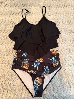 Black Ruffle Tankini with Pineapple Print High-Waist Bottoms L NWT